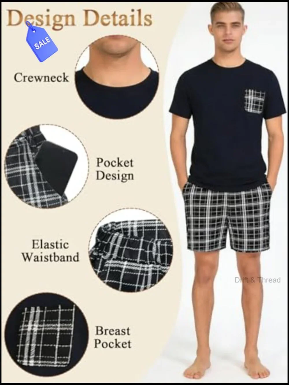 Men's Pajama Set Short Sleeve Plaid PJ Bottoms 2-Piece Loungewear